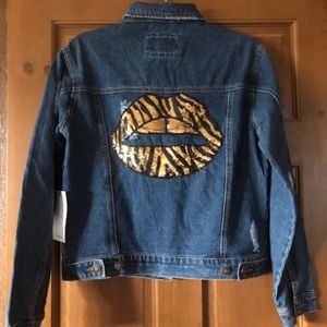 Repurposed Denim Jean Jacket Sequin Animal Print Lips! S